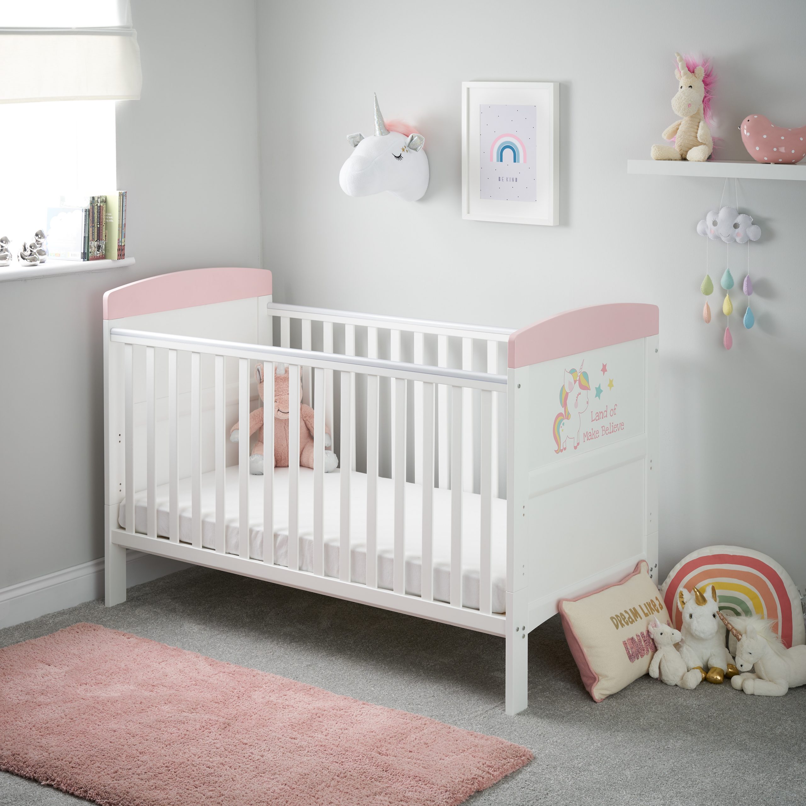 grey and pink cot bedding